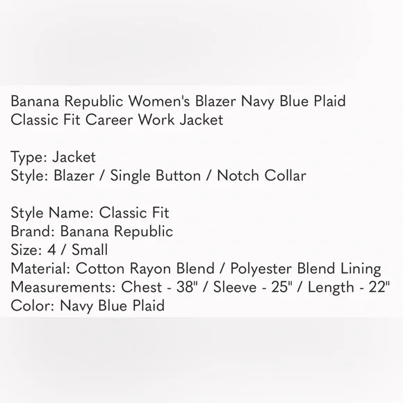 Navy plaid blazer sz4 Banana Republic - Picture 5 of 5